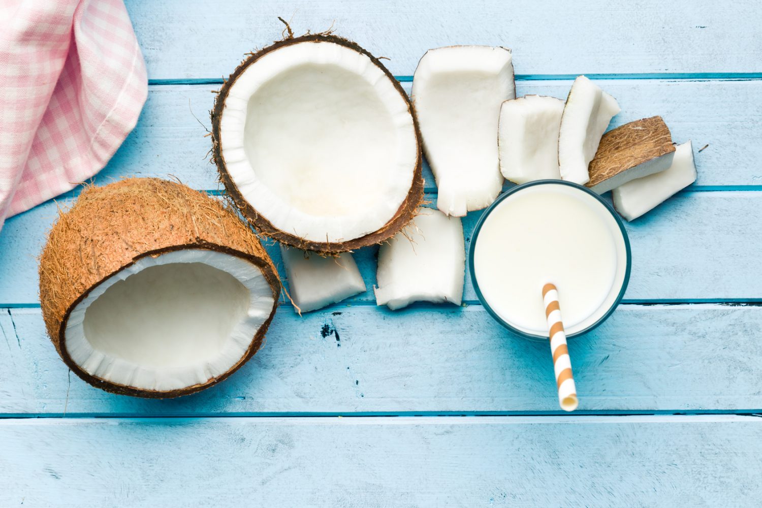 coconut and milk on kitchen table
