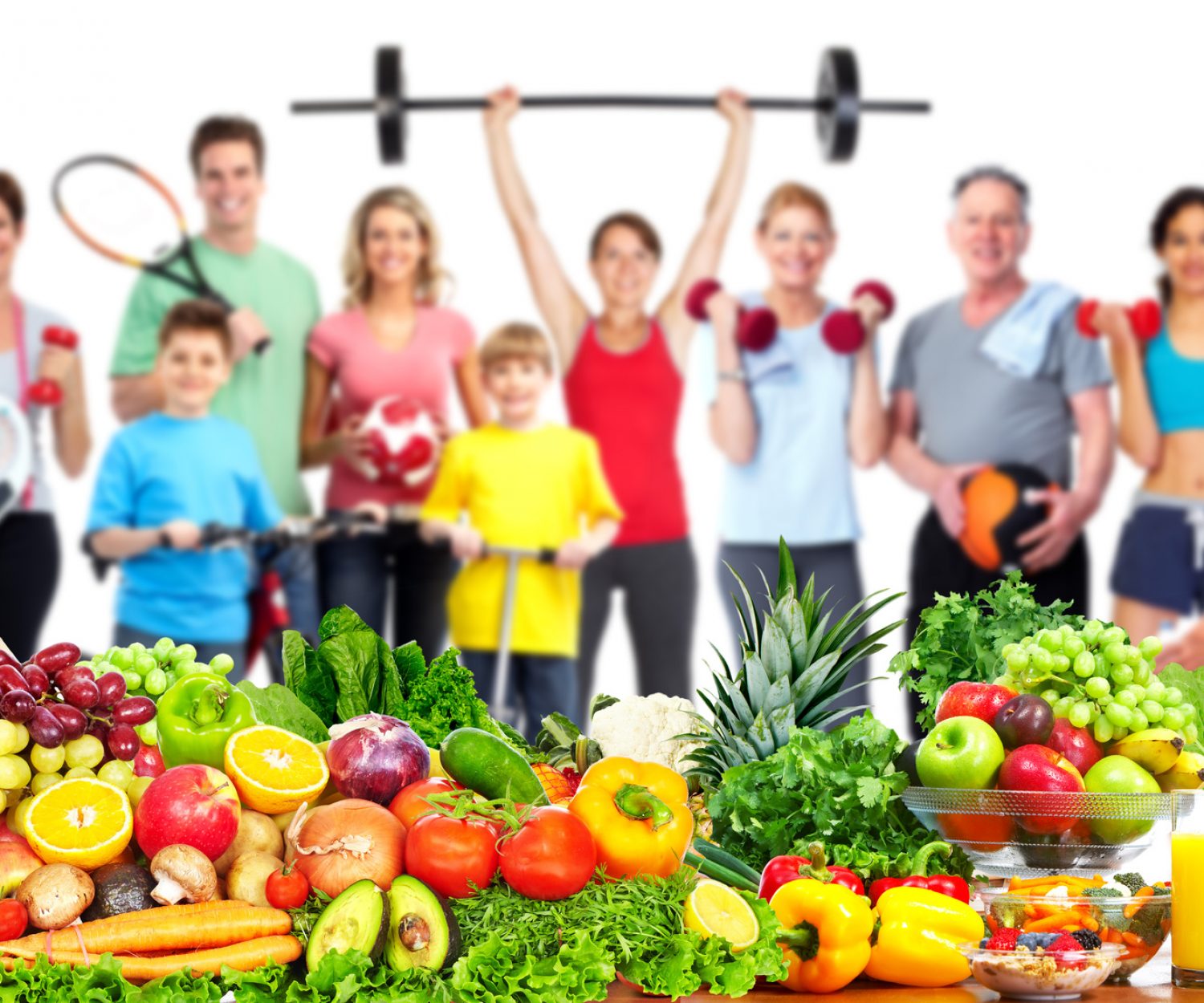 Group of fitness people with fruits and vegetables.Diet and weight loss banner.