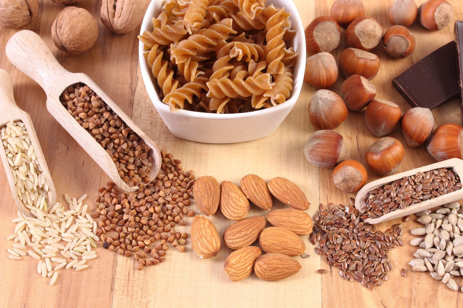 Fresh, natural ingredients or products containing magnesium and dietary fiber, healthy food and nutrition