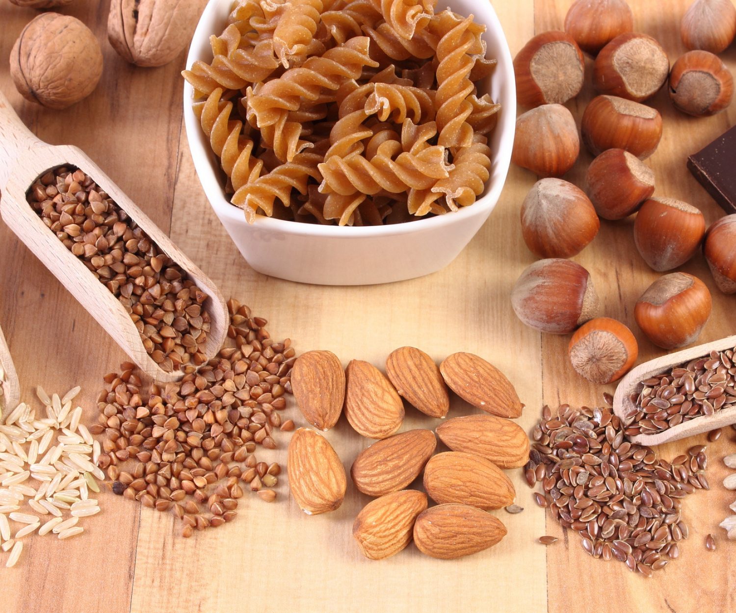 Fresh, natural ingredients or products containing magnesium and dietary fiber, healthy food and nutrition