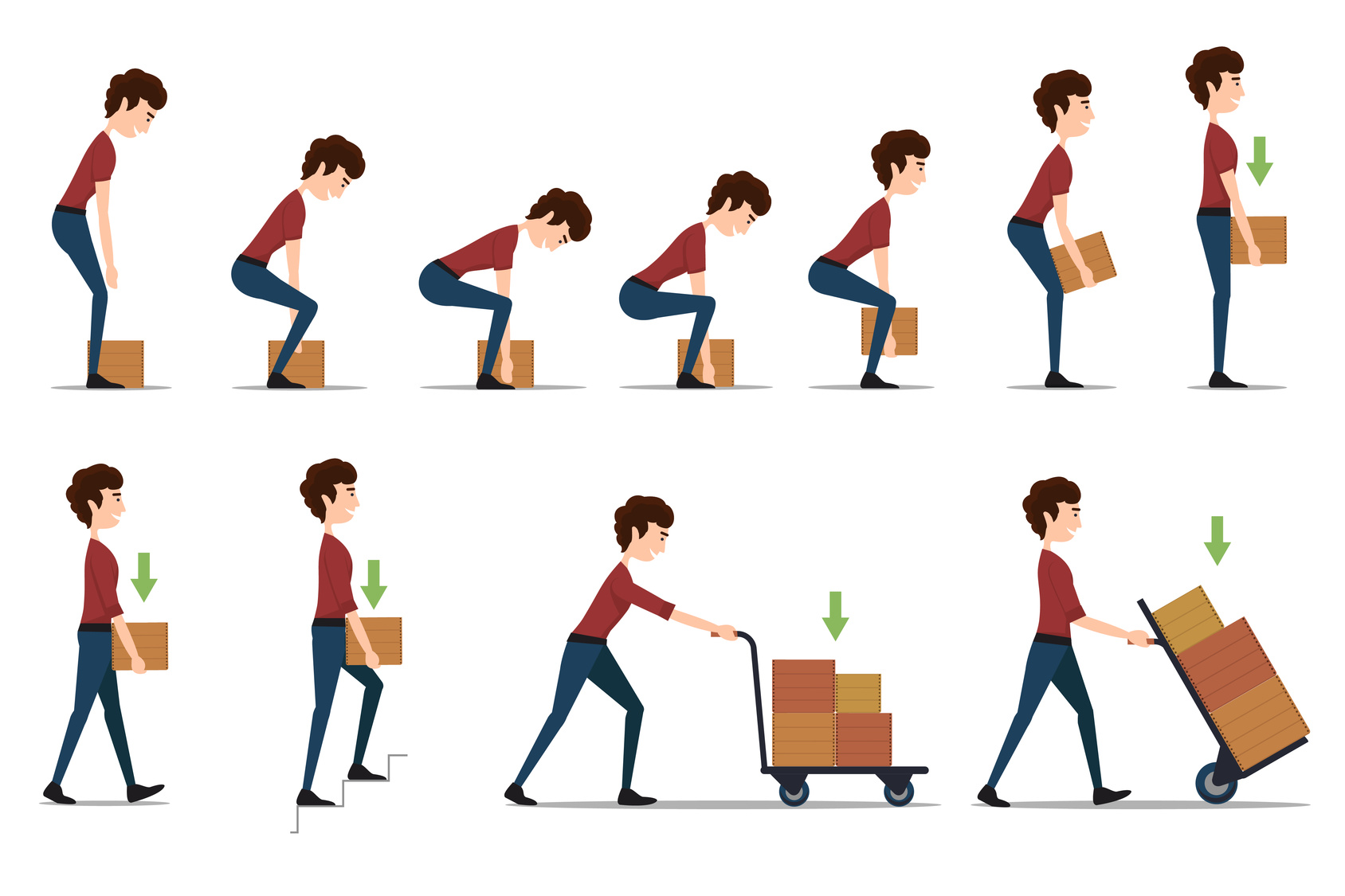 Safe handling and transportation of heavy items. Box and man, cargo and worker, delivery cardboard, distribution and weight, vector illustration
